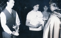 Baptism, priest Jiří Reinsberg, Jana with her husband, 1967