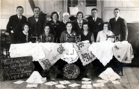 Embroidery course in the hall of the pub At The Golden Cross in Stará Ves nad Ondřejnicí / approximately 1930s