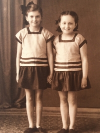 Sisters Adéla and Květoslava (right) in Sokol costumes, 1946