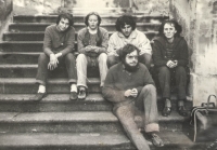 Anna Šimsová and Jan Hrudka with their friends doing voluntary work at a parish house in Bohuslavice nad Metují, around 1982 
