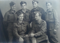 Witness´s friends and comrades in arms from Teremno, Žatec 1945, on the bottom right is his cousin and the man standing second from the left is his wife's brother