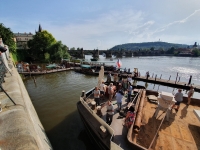 A ship with sandstone parts for the Marian Column after arriving at the Charles Bridge in Prague