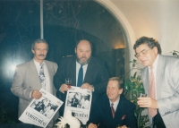 After the premiere of play Understanding, from left Helcelet, Spousta, Havel, Dvořák, Na zábradlí Theatre, ca. 1990/1991