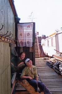 With Lenka Lupínková on the boat at the Forman brothers' during the play Attic Full of Fairy Tales