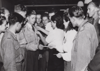 Welcoming the delegation, Dagmar Němcová third from the right, 1950s