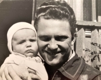 With his father on the doorstep of his family home in Orlova, 1960
