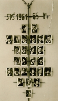 Růžena Teschinská’s high-school graduation photo board; first from right, second row from the bottom