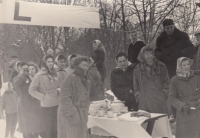 At the finish line of the Krč Memorial, Zlata Kalousová second from the right, Kunvald 1960s