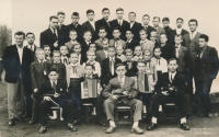 School photograph of pupils at the school in Eibenthal, Josef Nedvěd standing on the left just behind the head teacher, undated