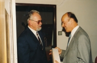 Celebration of Rudolf Papík's 60th birthday, from left: director of the Brno Orgrez Ing. Musil, Prague, 1995