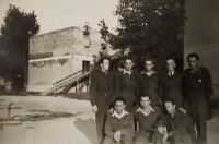 Uncle Arnold (second from top right) in the foreign army with colleague Potáček (bottom middle), around 1944