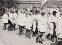 Antonín Konečný, second from the right, during the harvest festival in Milokošt'