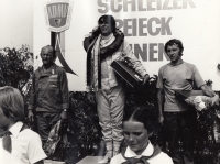 From left Jaroslav Bobek, Karel Jílek, Josef Srnský - prize giving after the race at the Schleizer Dreieck circuit, Schleiz, 1974