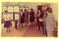 Photo from the opening of the exhibition "Medicine in the Bookplate" in the lobby of the Chemical and Pharmaceutical Plant, 17 June 1983, Lviv. Myroslav Gudz is standing sideways on the first right.