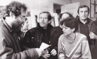The Civic Forum meeting in the Spalice: Vladimír Hanzel, Václav Havel, Jana Marco and Jiří Křižan (November 1989)