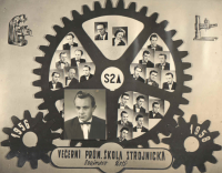 Photo board of the Evening Industrial School of Mechanical Engineering, Václav Habart, bottom left, 1958