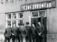 Martin Cvrček (first from right) on a leave in front of a pub in Sázava, 1986/1987