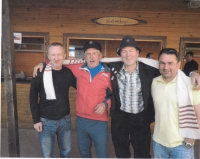 From the left MUDr. Koldovský, Aleš Suk, Hájek, head coach Petrásek, celebration of Lukáš Bauer's victory in the World Cup, field in Horní Branná, 2008