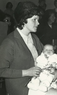 Věra Vítová with her daughter at the newborn welcome ceremony, 1974