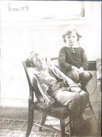 Alena Stepankova Veselá with her brother Karel listening to the radio at Christmas 1928