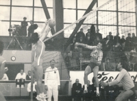 Spiking during a friendly match with Japan, Třeboň, 1968