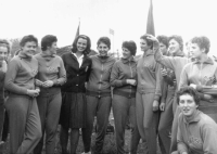 Věra Hrabáková (fourth from the right) at the pre-Olympic Games in Tokyo in 1963. On the far left is a part of Věra Čáslavská's face, in the middle stands Olga Fikotová - Connolly, the Olympic winner in the discus at the 1956 Summer Olympics.