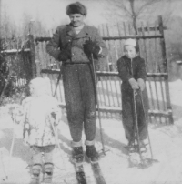 Winter fun with dad and sister, 1955