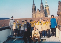 Jan Rabiňák (front right) with the Deer Scout Troop visiting Bishop Karel Herbst (front left) on the roof of the Archbishop's Palace, ca. 2004