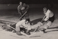 Vladimír Nadrchal as goalkeeper of Red Star Brno around 1960 in a match with Slovan Bratislava. At the back, his teammate Ján Starší, future coach of the Czechoslovak national team