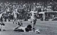 Ladislav Vízek (on the ground) at a Dukla league match, a league double-header played at Letná in Prague, first half of the 1980s