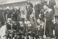 Hockey players on the frozen pond in Loděnice, 1950s