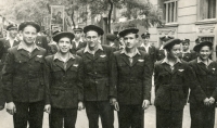 Young apprentices of the Czechoslovak State Railways in a joint May Day parade with the agitation slogans "We call women to the ČSD transport" (Vladimír Losert is the fourth boy from the left), Prague, early 1950s