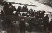 „Národní hosté“, Němci prchající z východního Pruska a Slezska před postupující Rudou armádou, před sokolovnou v Jaroměři, únor 1945