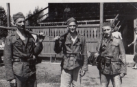 Sokol Zborovský race in Jaroměř, left father František Brouk, right Jaroslav Bolech and Mr. Schmidt, all three amateur photographers, after World War II