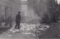 In front of the boys' school (today's Na Ostrově Primary School) in Jaroměř, which served as a barracks during World War II, after the German soldiers left in 1945