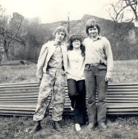 Josef Tkáč with friends at Lukov Castle, 1960s