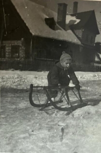 Sáňkování před rodným domem, Vrchlabí, kolem roku 1956