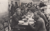 Prisoners of the Allied armies at the Sokol Hall in Jaroměř in May 1945