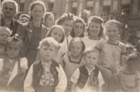 Liberation celebrations on 10 May 1945 on the square in Jaroměř (bottom right in costume František Brouk, back right of him his sister Jiřina)