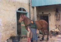 Wife Marie Bradáčová Mašková in the yard of the farm, Gerník, undated