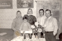 Family gathering at the birthday of the daughter of the witness, from left: wife, sister-in-law, brother Václav and Alois Bradáč, undated