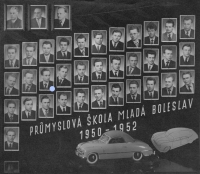 Bohuslav Vrána (second row, third from the left) at the graduation table of students of the Industrial School in Mladá Boleslav, 1952