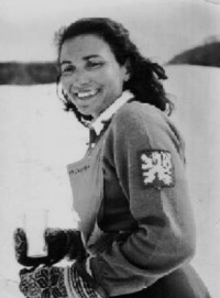 František Příhoda's sister Alexandra Nekvapilová at the 1948 Winter Olympics in Svatý Moritz, where she represented Czechoslovakia in downhill skiing