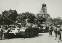 Tank with invaders, Prostejov, Dolní Street, St. Peter and Paul Church in the background, August 1968