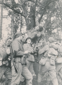 Tomas Finger (bottom centre, smiling) at the two-year officer school in Nitra