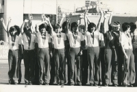 Alena Mejzlikova (third from the right in the front row) and the Czechoslovak silver team at the 1980 Olympics