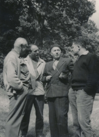 Father Walter Feldstein with actor friends, from left: Průcha, Brousek, Šmeral, Feldstein, 1961