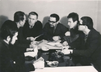 Editorial staff of the Student magazine, from left:  Petr Feldstein, Václav Král, Miroslav Klomínek, Pavel Kohn, Vladimír Petřík, Karel Šmíd