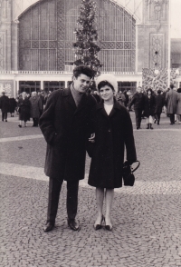 Mr and Mrs Ludik in front of the former Park of Culture and Recreation of Julius Fucik (PKOJF), today's Exhibition Grounds, Prague 1965