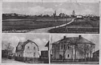 Period postcard of Krásné, on the bottom left the family house of the witness 